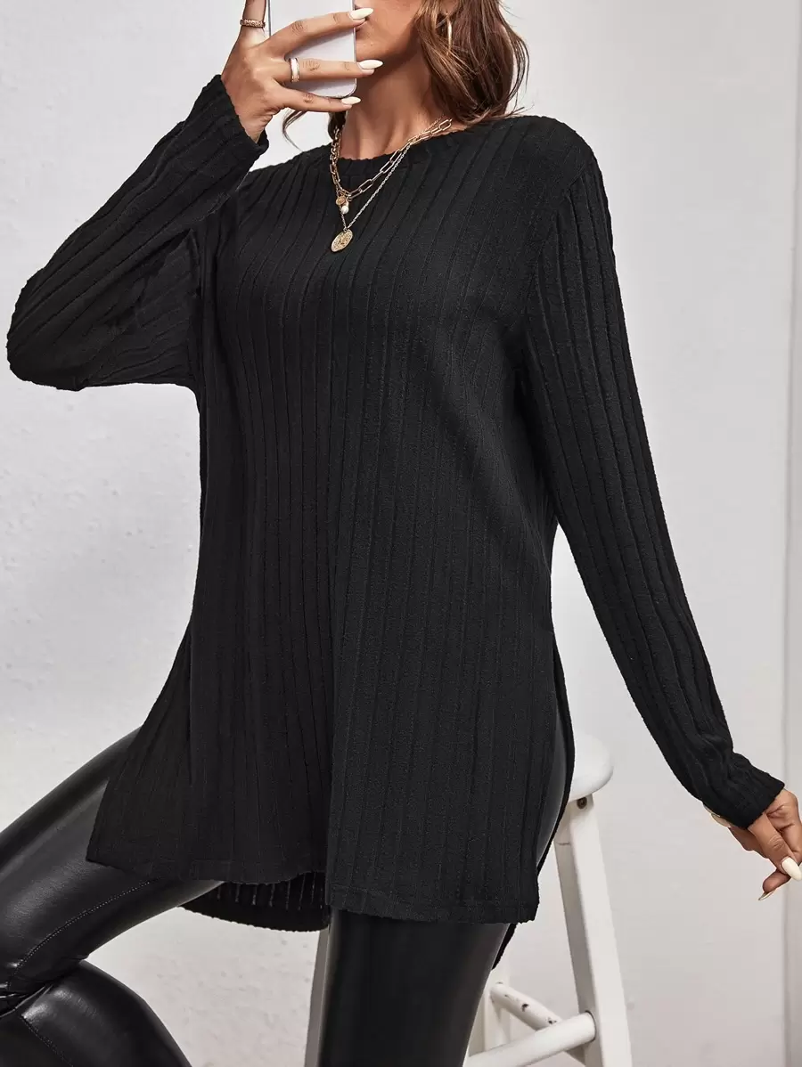 SHEIN Essnce Split Hem Ribbed Knit Tee - Black - View 1