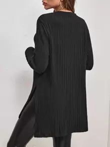 SHEIN Essnce Split Hem Ribbed Knit Tee - Black - View 2