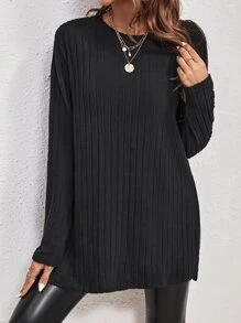 SHEIN Essnce Split Hem Ribbed Knit Tee - Black - View 4