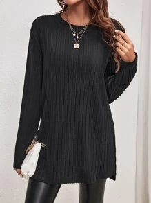 SHEIN Essnce Split Hem Ribbed Knit Tee - Black - View 5