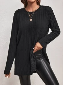 SHEIN Essnce Split Hem Ribbed Knit Tee - Black - View 6