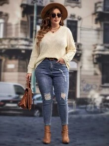 Jersey de hombros caídos con diseño de encaje - Beis - Ver 4