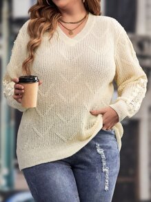 Jersey de hombros caídos con diseño de encaje - Beis - Ver 1