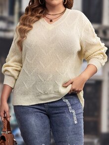 Jersey de hombros caídos con diseño de encaje - Beis - Ver 6