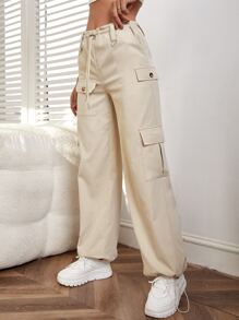 SHEIN Flap Pocket Drawstring Waist Cargo Trousers - Beige - View 1