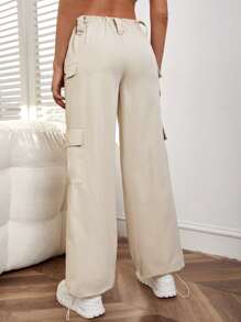 SHEIN Flap Pocket Drawstring Waist Cargo Trousers - Beige - View 2