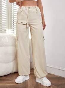 SHEIN Flap Pocket Drawstring Waist Cargo Trousers - Beige - View 3