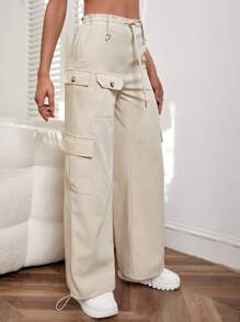 SHEIN Flap Pocket Drawstring Waist Cargo Trousers - Beige - View 5