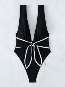Swim Chiccia Summer Beach Knot Front Plunging One Piece Swimsuit, One-Piece Bathing Suit - Black - View 5