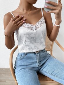 SHEIN LUNE 花卉圖案提花蕾絲拼接緞面吊帶上衣 - 白色 - 查看 3