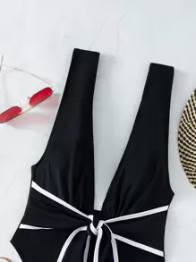 Swim Chiccia Summer Beach Knot Front Plunging One Piece Swimsuit, One-Piece Bathing Suit - Black - View 8