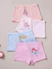 4入組可愛人魚印花四季款少女舒適方形內衣褲 - 彩色 - 查看 1