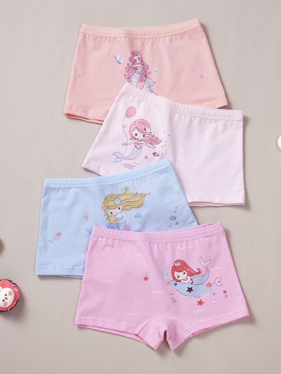 4入組可愛人魚印花四季款少女舒適方形內衣褲 - 彩色 - 查看 1
