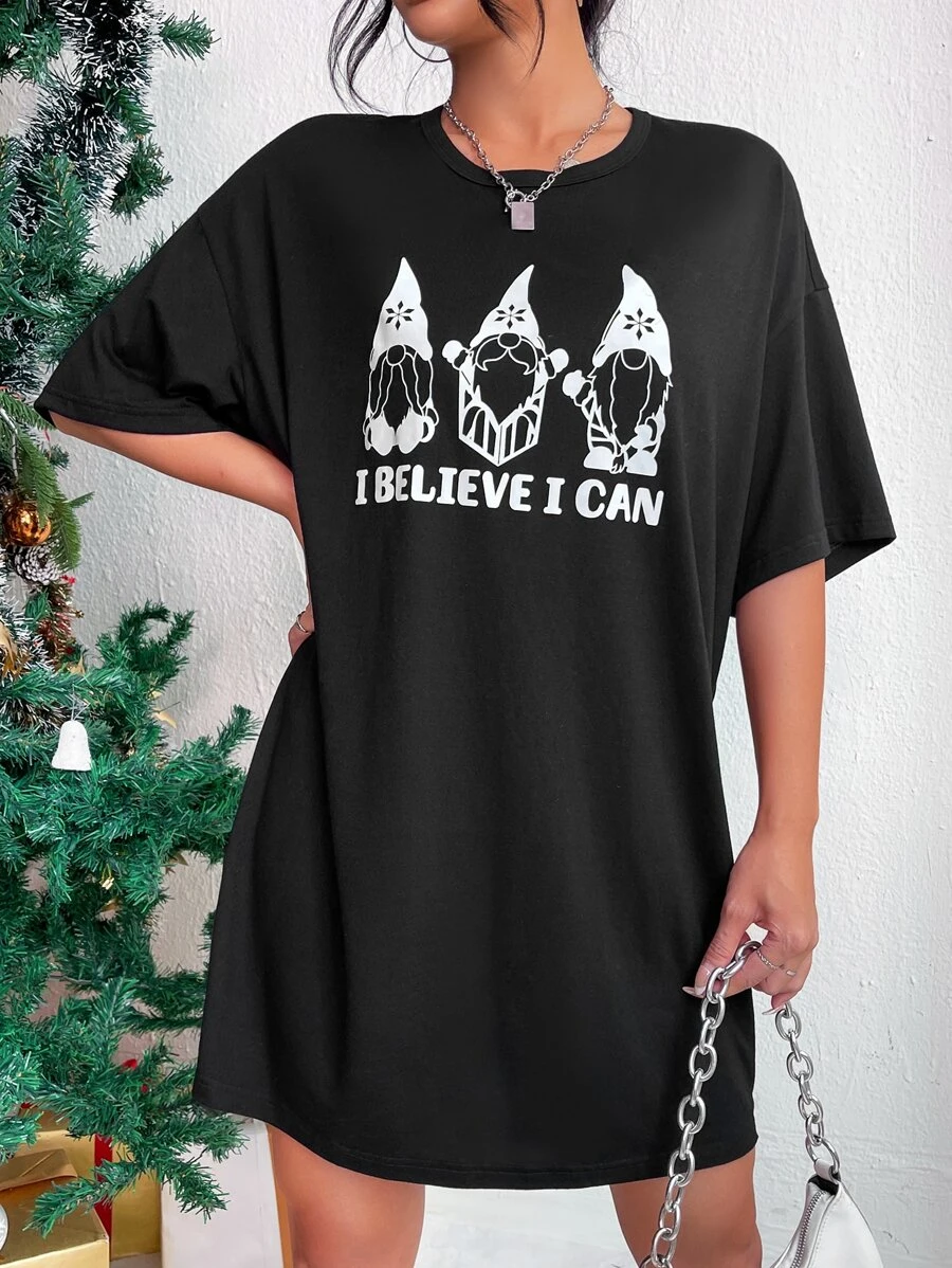 Christmas Print Tee Dress for Christmas - Black - View 1