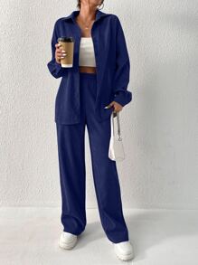 SHEIN Unity Drop Shoulder Corduroy Shirt & Trousers - Navy Blue - View 3