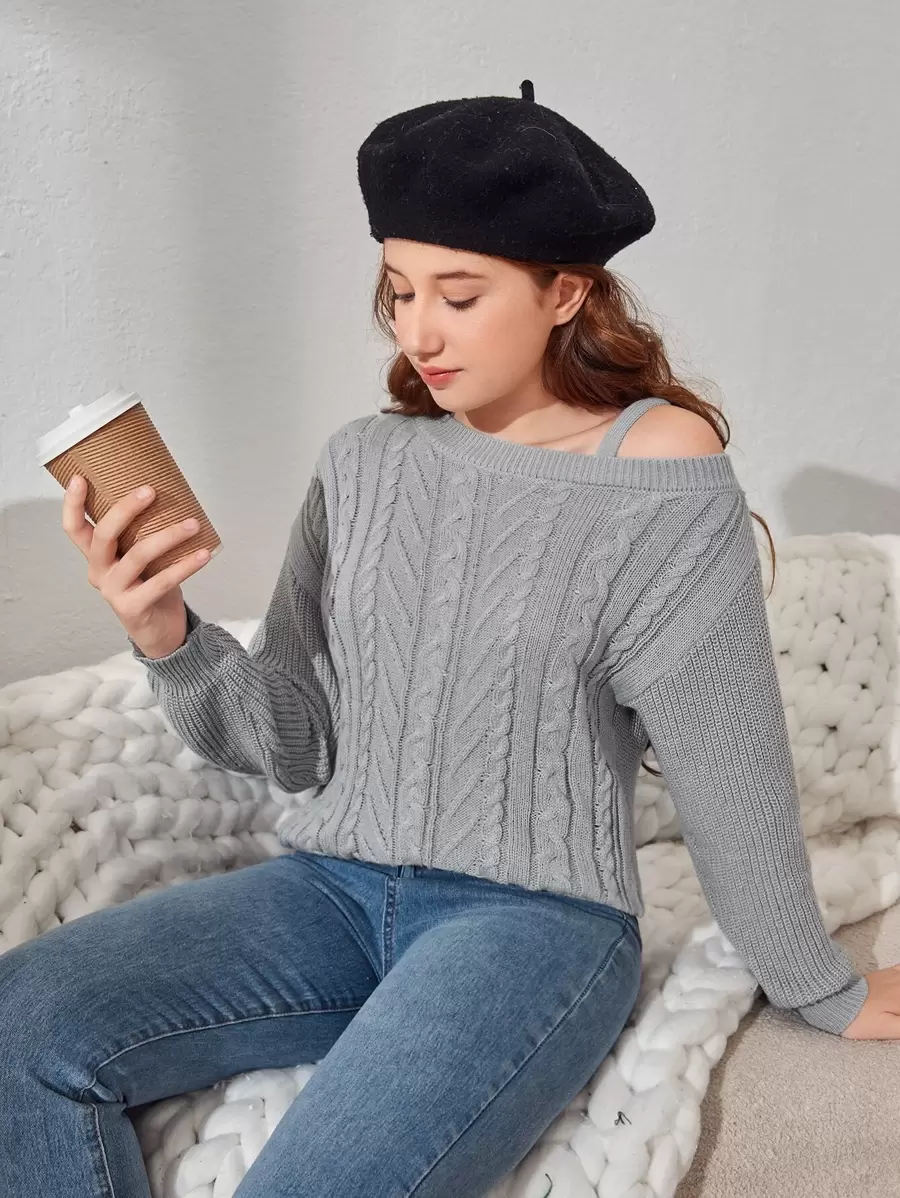 SHEIN Teen Girls Asymmetrical Neck Cable Knit Drop Shoulder Jumper - Grey - View 1