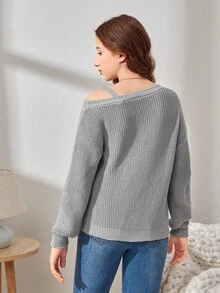 SHEIN Teen Girls Asymmetrical Neck Cable Knit Drop Shoulder Jumper - Grey - View 2