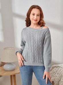 SHEIN Teen Girls Asymmetrical Neck Cable Knit Drop Shoulder Jumper - Grey - View 3