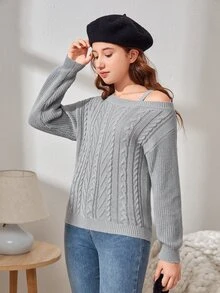 SHEIN Teen Girls Asymmetrical Neck Cable Knit Drop Shoulder Jumper - Grey - View 5