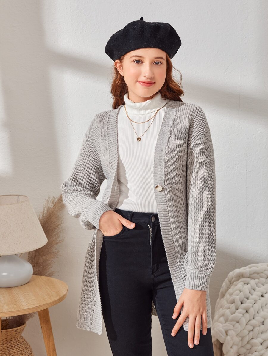 SHEIN Teen Girls Single Button Cardigan Without Jumper - Light Grey - View 1