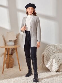 SHEIN Teen Girls Single Button Cardigan Without Jumper - Light Grey - View 3