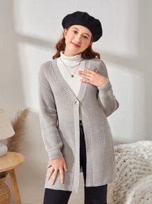 SHEIN Teen Girls Single Button Cardigan Without Jumper - Light Grey - View 4