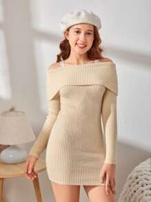 SHEIN 青少年女孩螺紋針織挖肩毛衣裙 - 杏色 - 查看 1