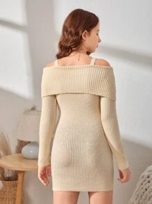 SHEIN 青少年女孩螺紋針織挖肩毛衣裙 - 杏色 - 查看 2