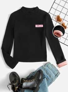 SHEIN Girls Letter Patched Mock Neck Thermal Tee - Black - View 1