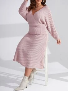 Mulvari Plus Batwing Sleeve Overlap Collar Jumper & Knit Skirt - Baby Pink - View 1