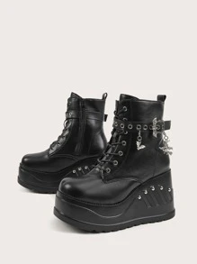ROMWE Goth 孔眼和蝙蝠设计系带前坡跟靴秋季 - 黑色 - 查看 2