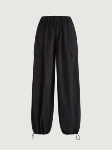 SHEIN MOD Solid Flap Pocket Parachute Cargo Trousers - Black - View 1