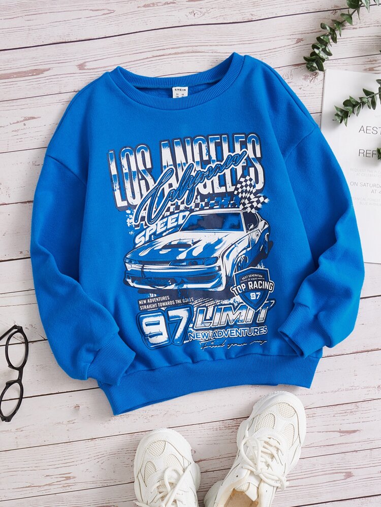 Tween Girl Car & Letter Graphic Drop Shoulder Pullover