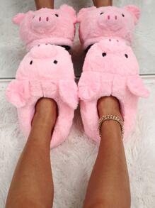 秋冬可爱小猪图案厚底舒适家居拖鞋，防滑保暖室内拖鞋，情侣礼物，圣诞装扮，趣味拖鞋，毛绒拖鞋