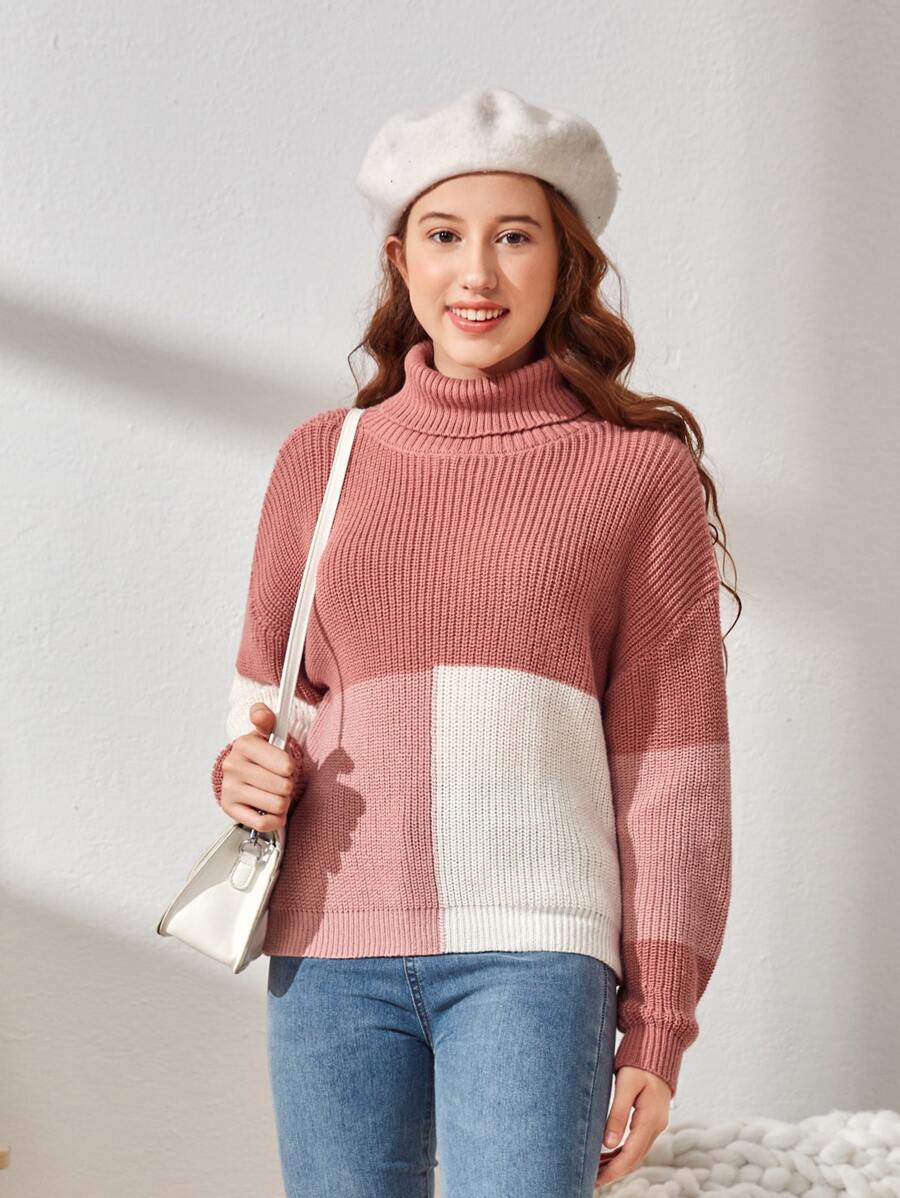 SHEIN Teen Girls Turtle Neck Colourblock Jumper - Multicolor - View 1