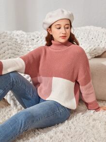 SHEIN Teen Girls Turtle Neck Colourblock Jumper - Multicolor - View 3