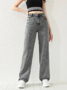 SHEIN Explorewe Phong cách mới Quần jean ống suông đơn giản và thời trang dành cho các cô gái tuổi teen - Xám - Xem 1