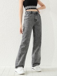 SHEIN Explorewe Phong cách mới Quần jean ống suông đơn giản và thời trang dành cho các cô gái tuổi teen - Xám - Xem 3