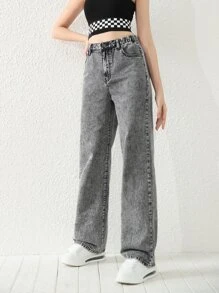 SHEIN Explorewe Phong cách mới Quần jean ống suông đơn giản và thời trang dành cho các cô gái tuổi teen - Xám - Xem 4