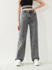 SHEIN Explorewe Phong cách mới Quần jean ống suông đơn giản và thời trang dành cho các cô gái tuổi teen - Xám - Xem 5