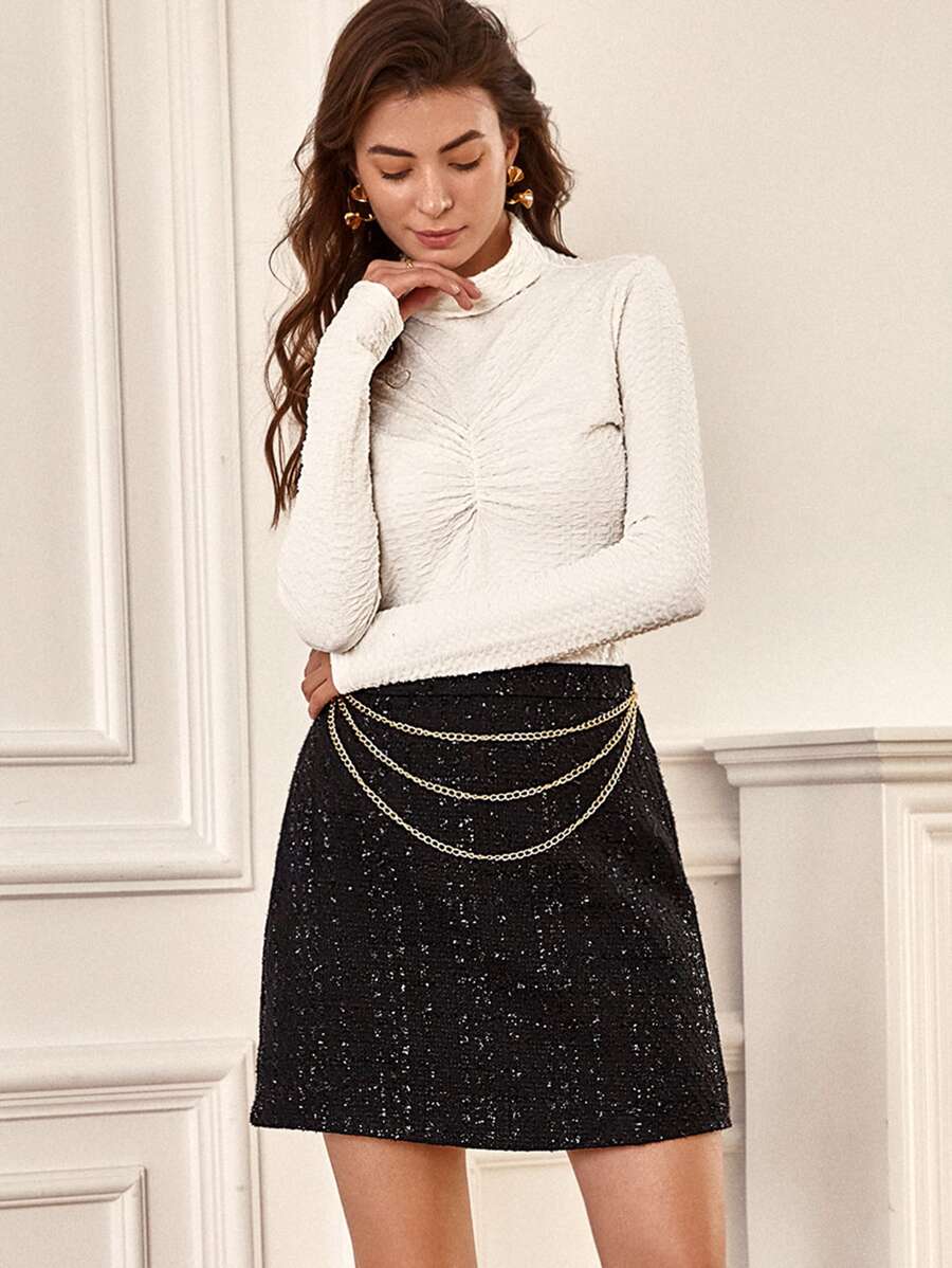 Chain Detail Tweed Skirt - Black - View 1