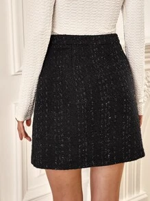 Chain Detail Tweed Skirt - Black - View 2