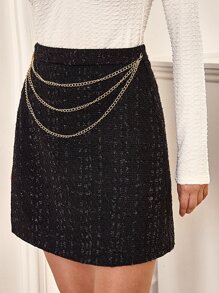 Chain Detail Tweed Skirt - Black - View 4