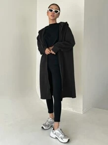 DAZY Zip Up Drop Shoulder Drawstring Longline Hoodie,Fall Clothes Sweatshirt Jacket - Black - View 1