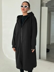 DAZY Zip Up Drop Shoulder Drawstring Longline Hoodie,Fall Clothes Sweatshirt Jacket - Black - View 3