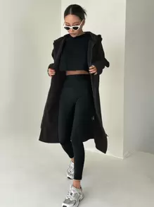 DAZY Zip Up Drop Shoulder Drawstring Longline Hoodie,Fall Clothes Sweatshirt Jacket - Black - View 4