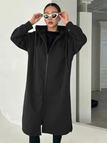 DAZY Zip Up Drop Shoulder Drawstring Longline Hoodie,Fall Clothes Sweatshirt Jacket - Black - View 5