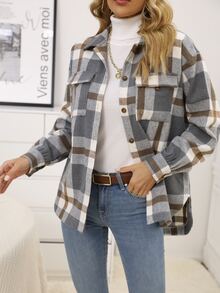 Plaid Flap Pocket Drop Shoulder Coat - Multicolor - View 5