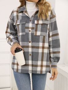 Plaid Flap Pocket Drop Shoulder Coat - Multicolor - View 6