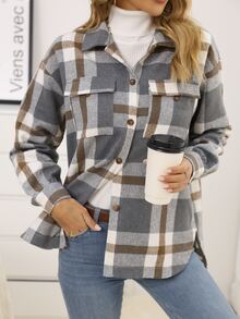 Plaid Flap Pocket Drop Shoulder Coat - Multicolor - View 7